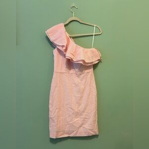 NWT J Crew One Shoulder Seersucker Ruffle Top Dress Pink White Women’s Size 2